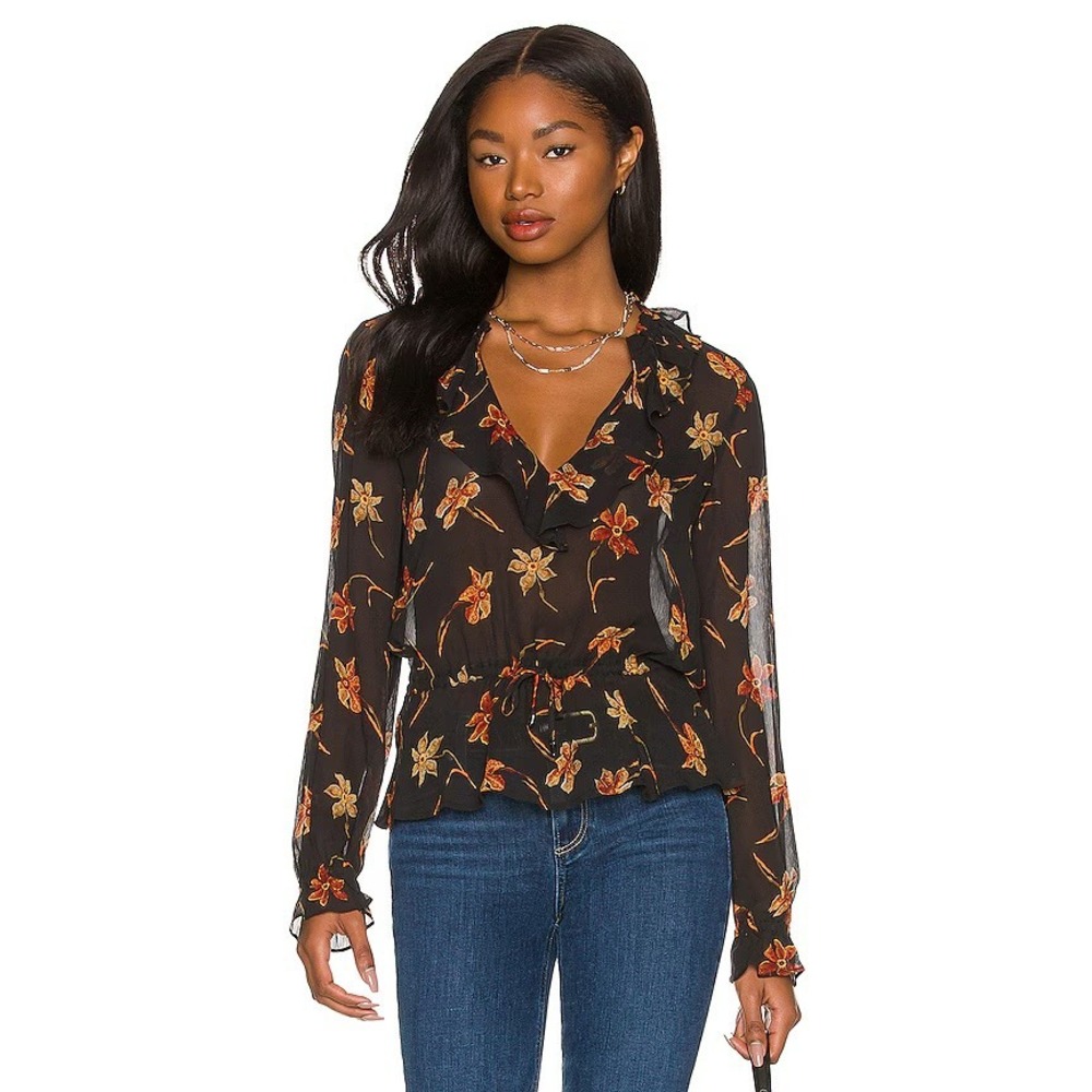 PAIGE Nathalie Floral Silk Blouse Womens S Black Popover Top V-Neck Drawstring